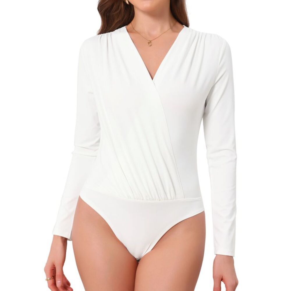 Women V Neck Dress Shirt Business Long Sleeve Body Suits Wrap Top White